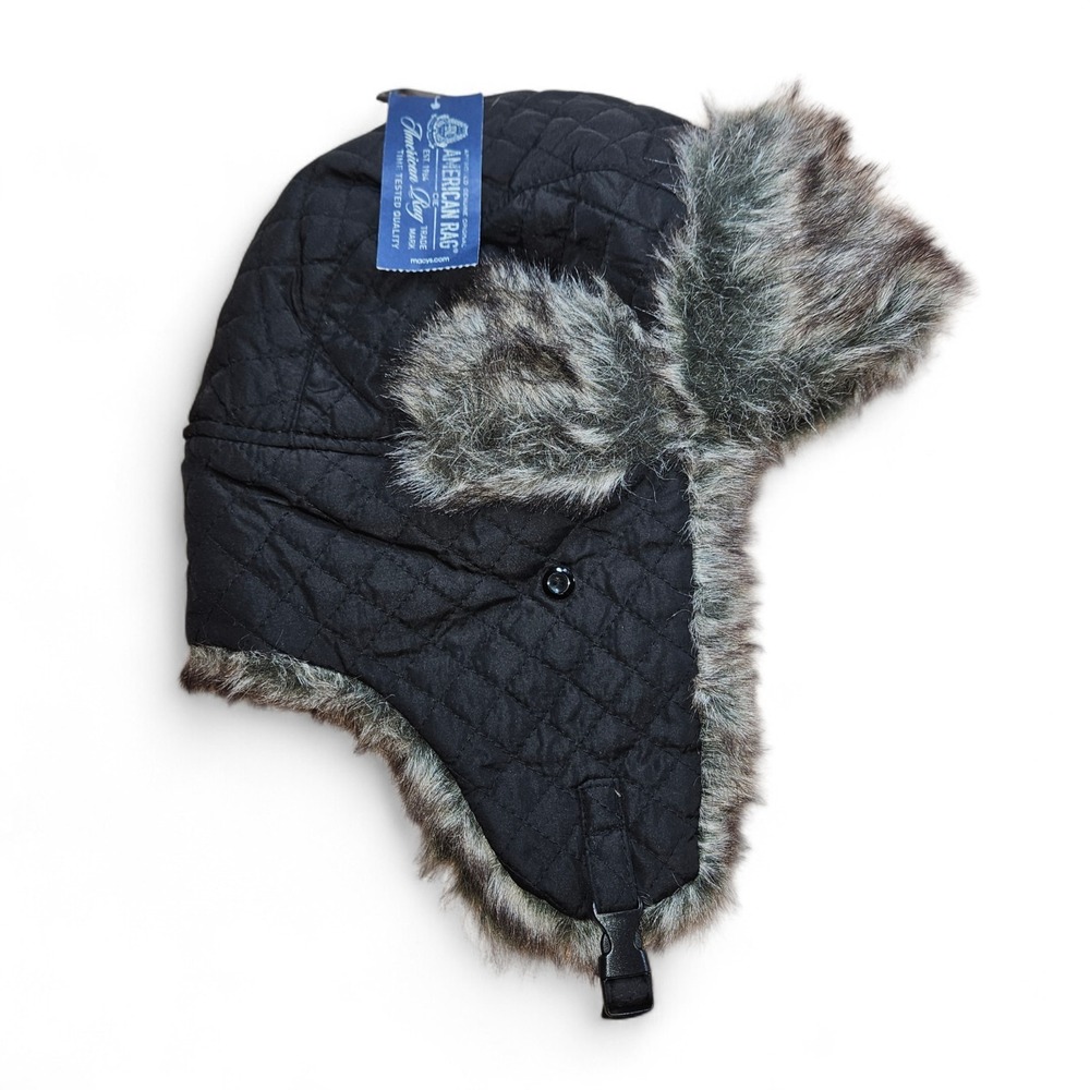 American Rag Trapper Hat Black Quilted Faux Fur Lined Winter Ear Flaps One Size